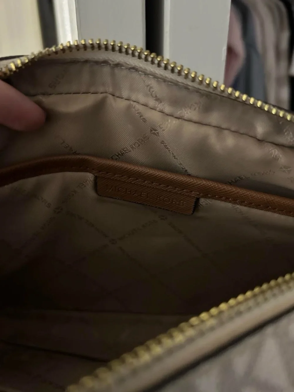 Michael Kors Beige and Brown Signature Crossbody with Gold Chain
